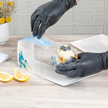 Sweet Vision Rectangle Clear Plastic Cupcake Box - with Handle, Blue Paper Wrap, Flower Accent - 5" x 3 1/4" x 4" - 100 count box