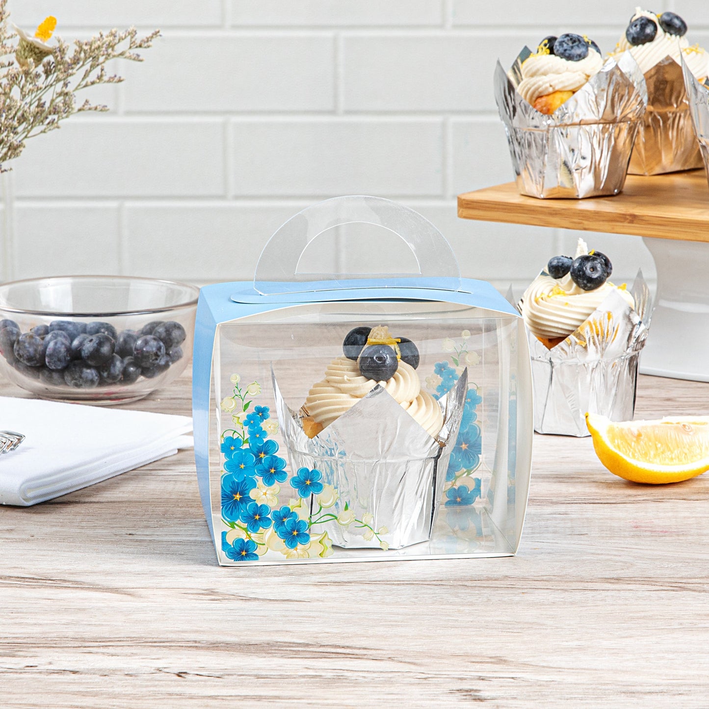Sweet Vision Rectangle Clear Plastic Cupcake Box - with Handle, Blue Paper Wrap, Flower Accent - 5" x 3 1/4" x 4" - 100 count box