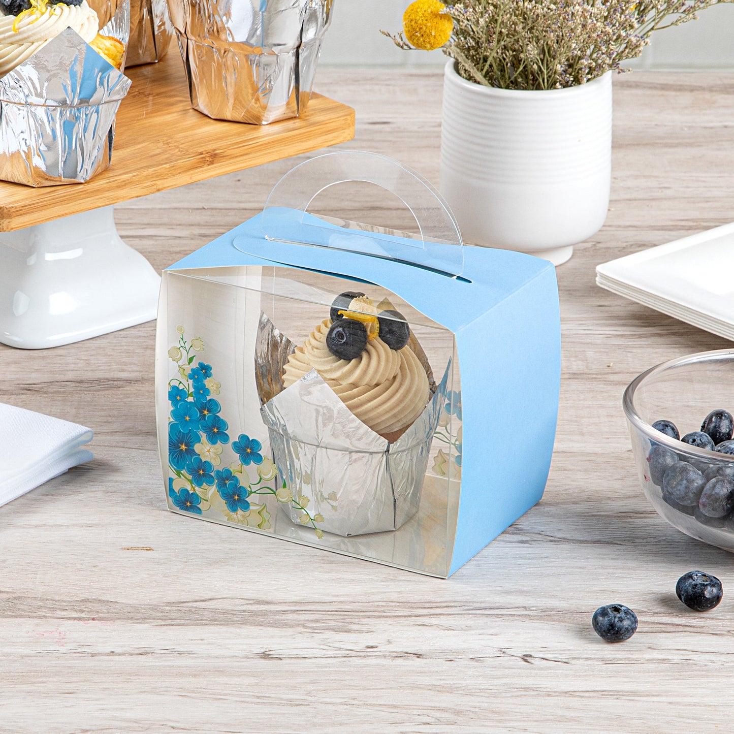 Sweet Vision Rectangle Clear Plastic Cupcake Box - with Handle, Blue Paper Wrap, Flower Accent - 5" x 3 1/4" x 4" - 100 count box