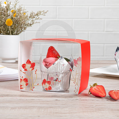 Sweet Vision Rectangle Clear Plastic Cupcake Box - with Handle, Red Paper Wrap, Flower / Bird Accent - 5" x 3 1/4" x 4" - 100 count box