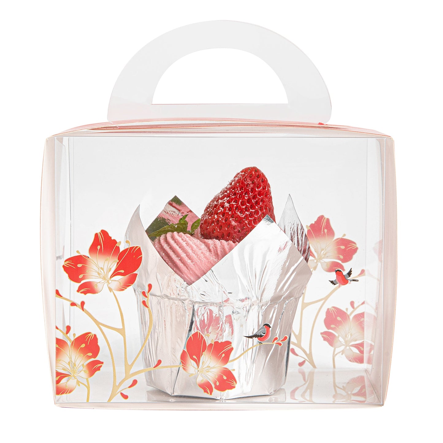 Sweet Vision Rectangle Clear Plastic Cupcake Box - with Handle, Red Paper Wrap, Flower / Bird Accent - 5" x 3 1/4" x 4" - 100 count box