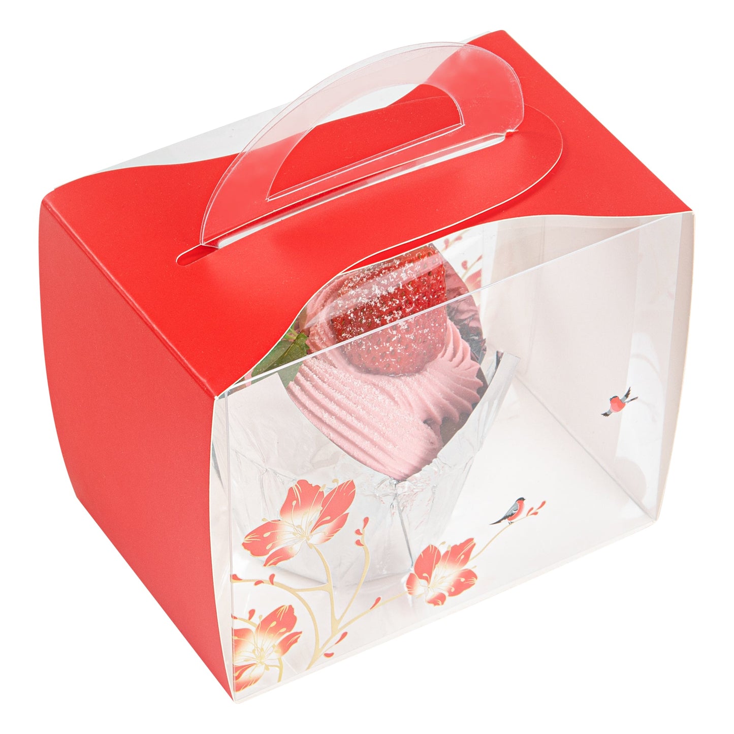 Sweet Vision Rectangle Clear Plastic Cupcake Box - with Handle, Red Paper Wrap, Flower / Bird Accent - 5" x 3 1/4" x 4" - 100 count box