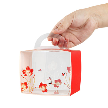 Sweet Vision Rectangle Clear Plastic Cupcake Box - with Handle, Red Paper Wrap, Flower / Bird Accent - 5" x 3 1/4" x 4" - 100 count box