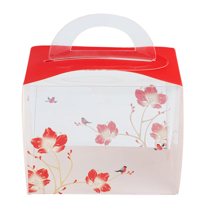 Sweet Vision Rectangle Clear Plastic Cupcake Box - with Handle, Red Paper Wrap, Flower / Bird Accent - 5" x 3 1/4" x 4" - 100 count box