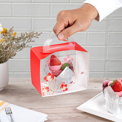 Sweet Vision Rectangle Clear Plastic Cupcake Box - with Handle, Red Paper Wrap, Flower / Bird Accent - 5" x 3 1/4" x 4" - 100 count box
