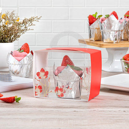 Sweet Vision Rectangle Clear Plastic Cupcake Box - with Handle, Red Paper Wrap, Flower / Bird Accent - 5" x 3 1/4" x 4" - 100 count box