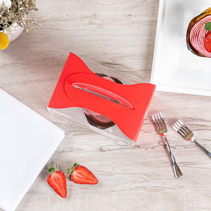 Sweet Vision Rectangle Clear Plastic Cupcake Box - with Handle, Red Paper Wrap, Flower / Bird Accent - 5" x 3 1/4" x 4" - 100 count box