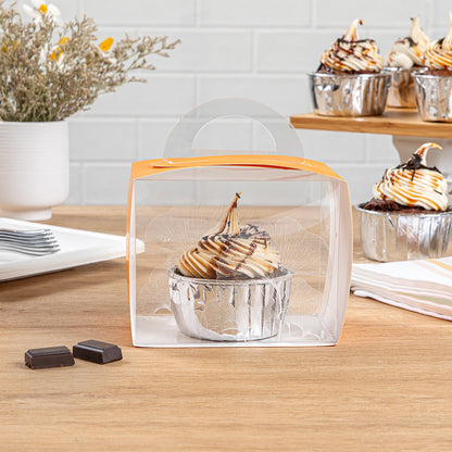 Sweet Vision Rectangle Clear Plastic Cupcake Box - with Handle, Orange Paper Wrap, Leaf Accent - 5" x 3 1/4" x 4" - 100 count box
