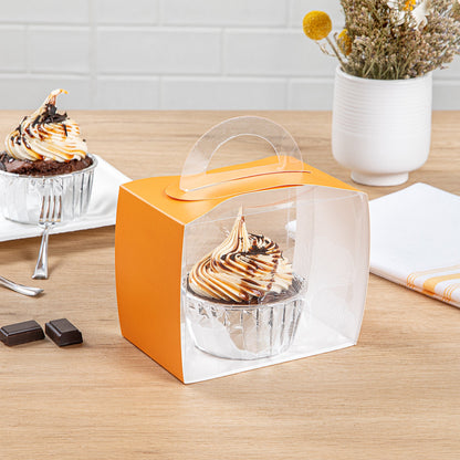 Sweet Vision Rectangle Clear Plastic Cupcake Box - with Handle, Orange Paper Wrap, Leaf Accent - 5" x 3 1/4" x 4" - 100 count box