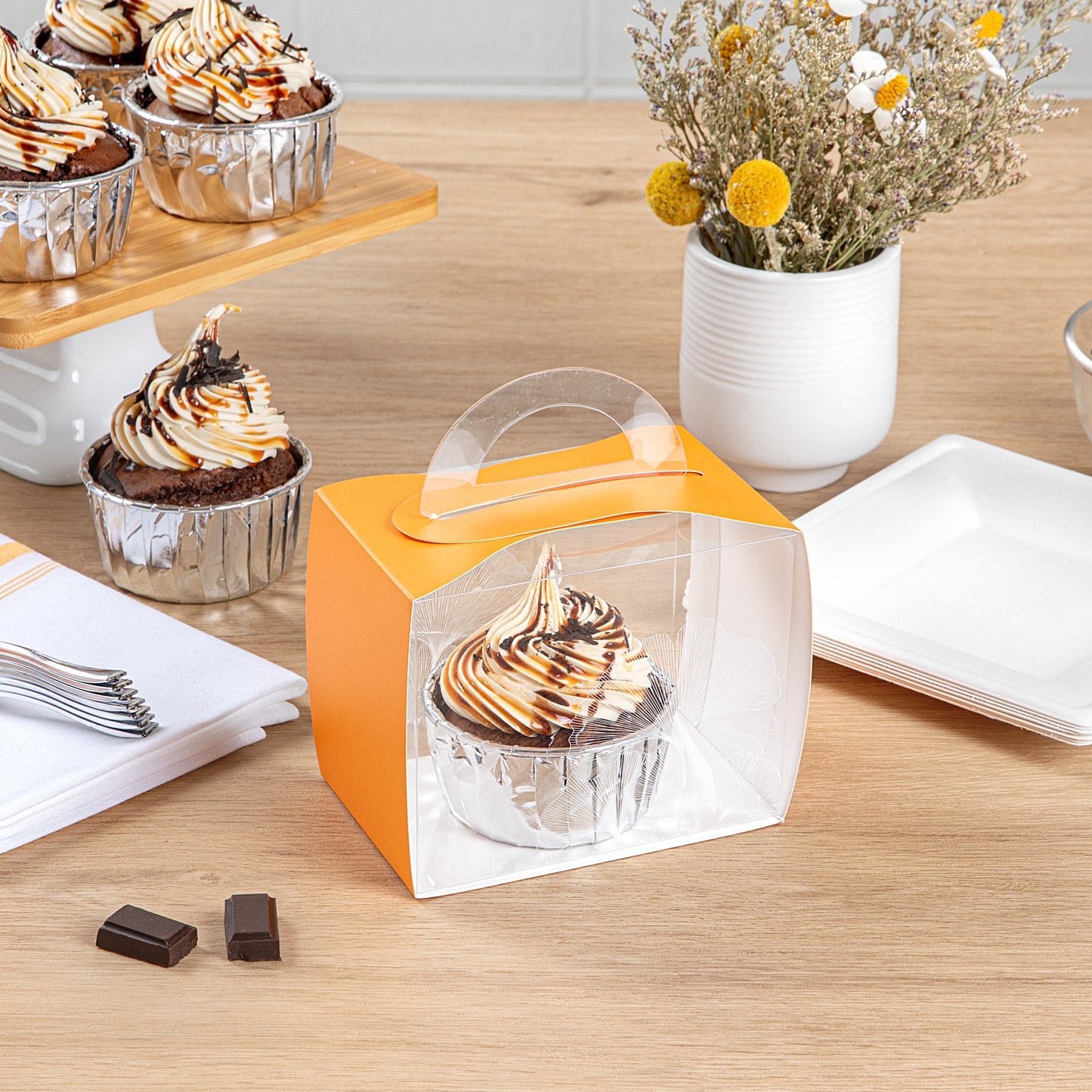 Sweet Vision Rectangle Clear Plastic Cupcake Box - with Handle, Orange Paper Wrap, Leaf Accent - 5" x 3 1/4" x 4" - 100 count box