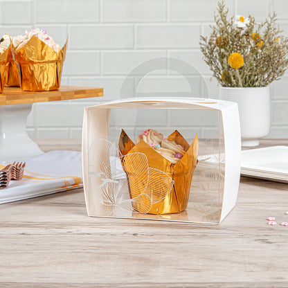 Sweet Vision Rectangle Clear Plastic Cupcake Box - with Handle, White Paper Wrap, Lotus Accent - 5" x 3 1/4" x 4" - 100 count box