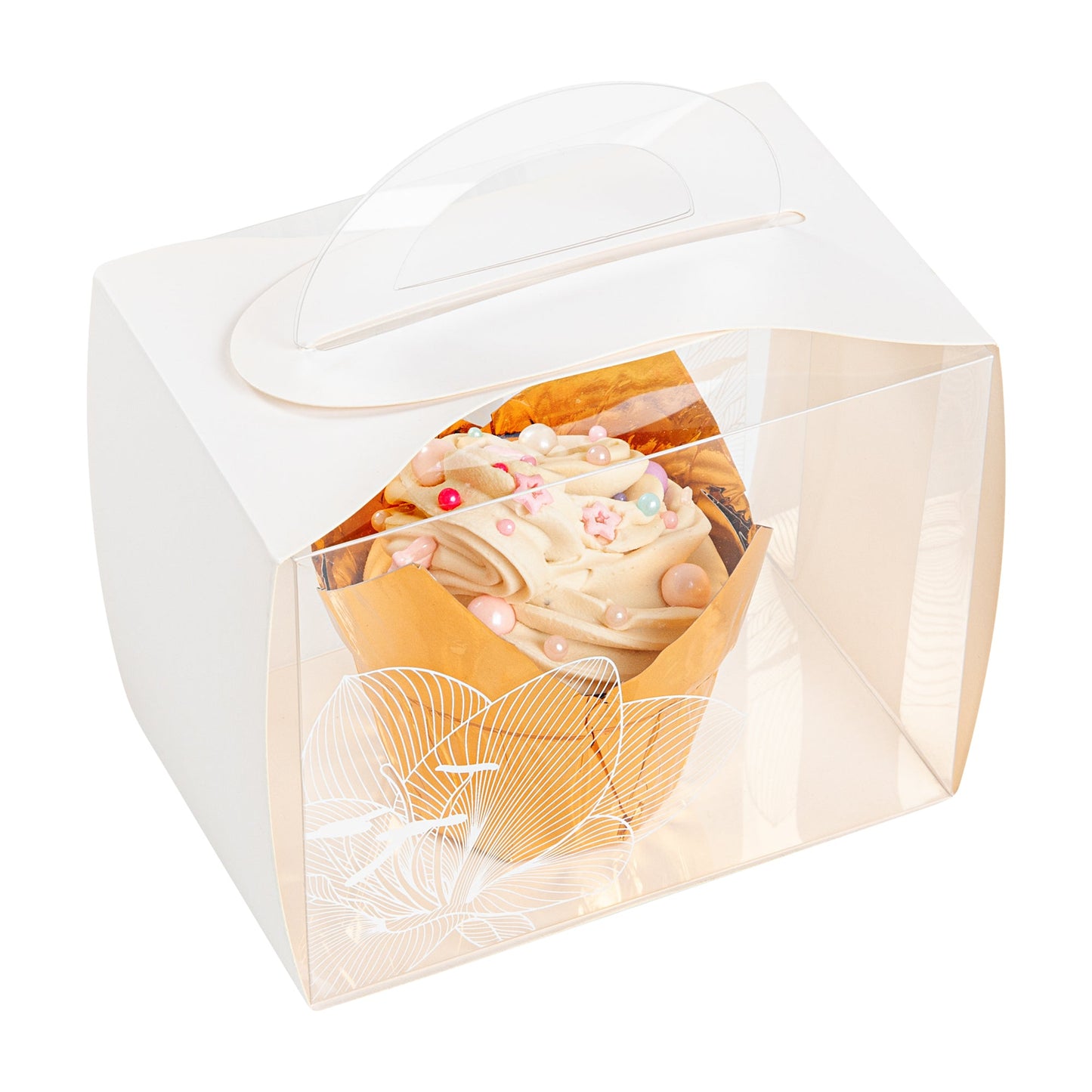Sweet Vision Rectangle Clear Plastic Cupcake Box - with Handle, White Paper Wrap, Lotus Accent - 5" x 3 1/4" x 4" - 100 count box