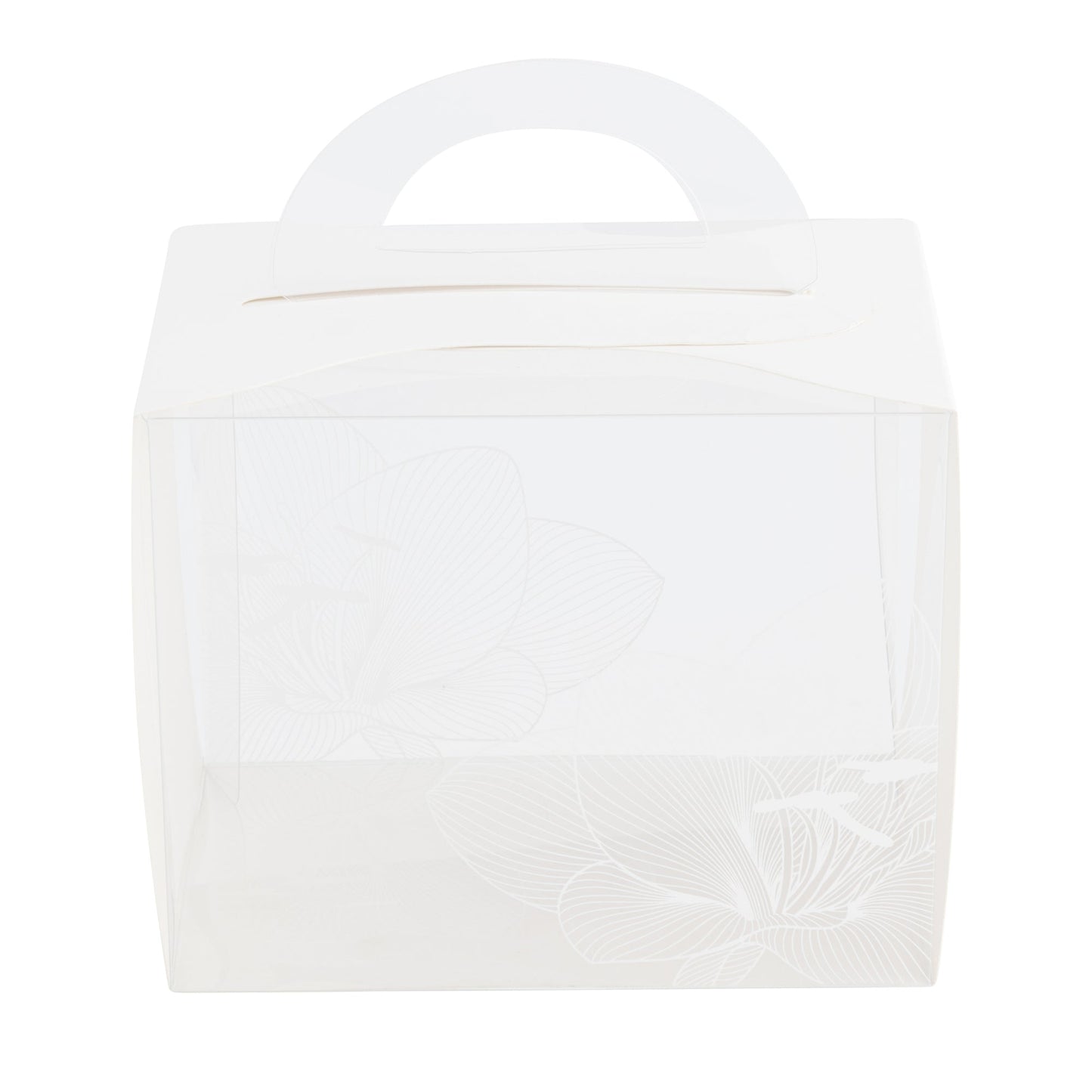 Sweet Vision Rectangle Clear Plastic Cupcake Box - with Handle, White Paper Wrap, Lotus Accent - 5" x 3 1/4" x 4" - 100 count box