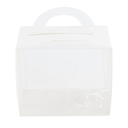 Sweet Vision Rectangle Clear Plastic Cupcake Box - with Handle, White Paper Wrap, Lotus Accent - 5" x 3 1/4" x 4" - 100 count box