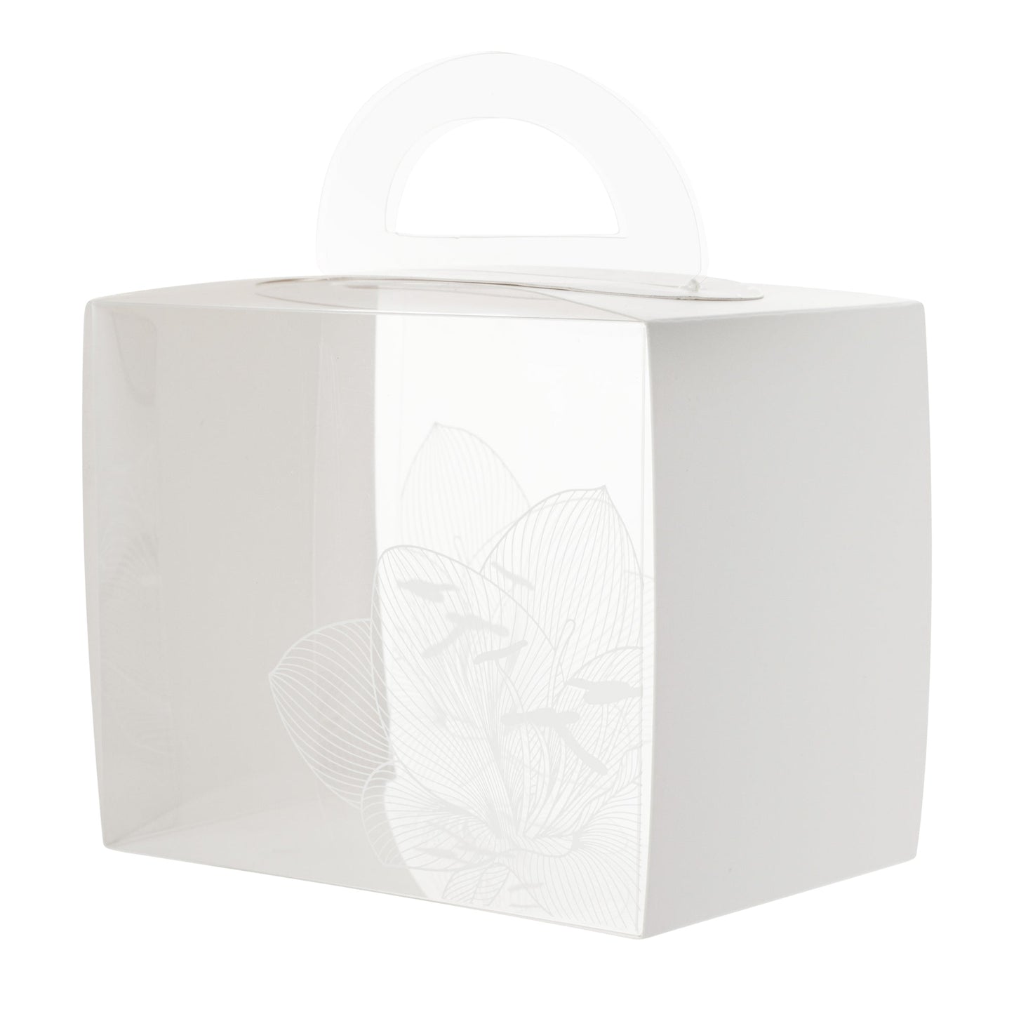 Sweet Vision Rectangle Clear Plastic Cupcake Box - with Handle, White Paper Wrap, Lotus Accent - 5" x 3 1/4" x 4" - 100 count box