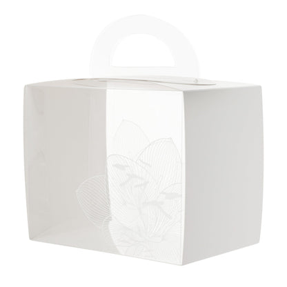 Sweet Vision Rectangle Clear Plastic Cupcake Box - with Handle, White Paper Wrap, Lotus Accent - 5" x 3 1/4" x 4" - 100 count box