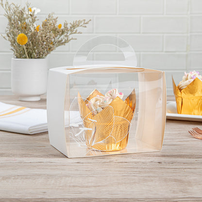 Sweet Vision Rectangle Clear Plastic Cupcake Box - with Handle, White Paper Wrap, Lotus Accent - 5" x 3 1/4" x 4" - 100 count box