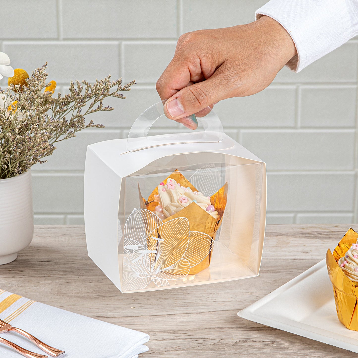 Sweet Vision Rectangle Clear Plastic Cupcake Box - with Handle, White Paper Wrap, Lotus Accent - 5" x 3 1/4" x 4" - 100 count box