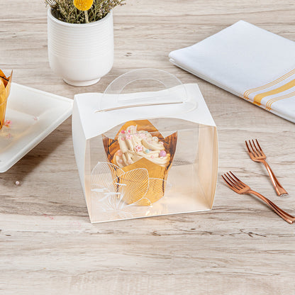 Sweet Vision Rectangle Clear Plastic Cupcake Box - with Handle, White Paper Wrap, Lotus Accent - 5" x 3 1/4" x 4" - 100 count box