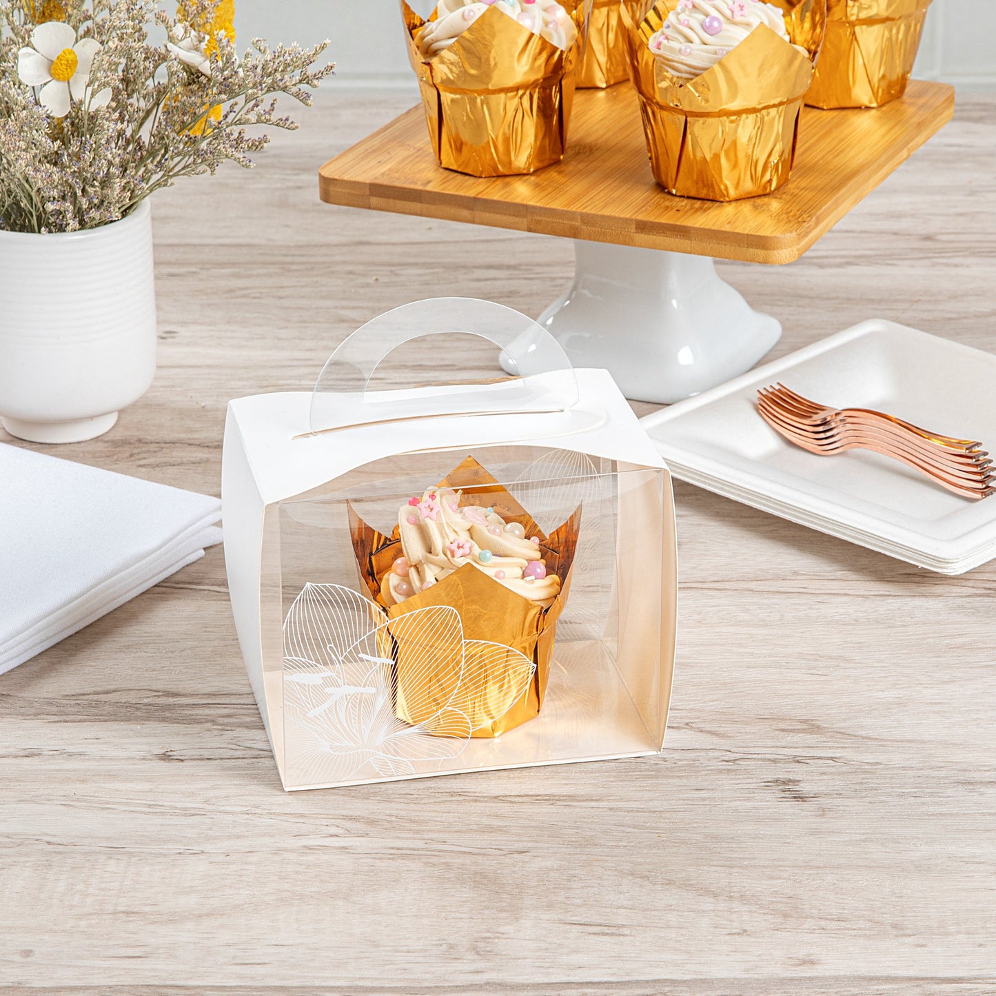 Sweet Vision Rectangle Clear Plastic Cupcake Box - with Handle, White Paper Wrap, Lotus Accent - 5" x 3 1/4" x 4" - 100 count box