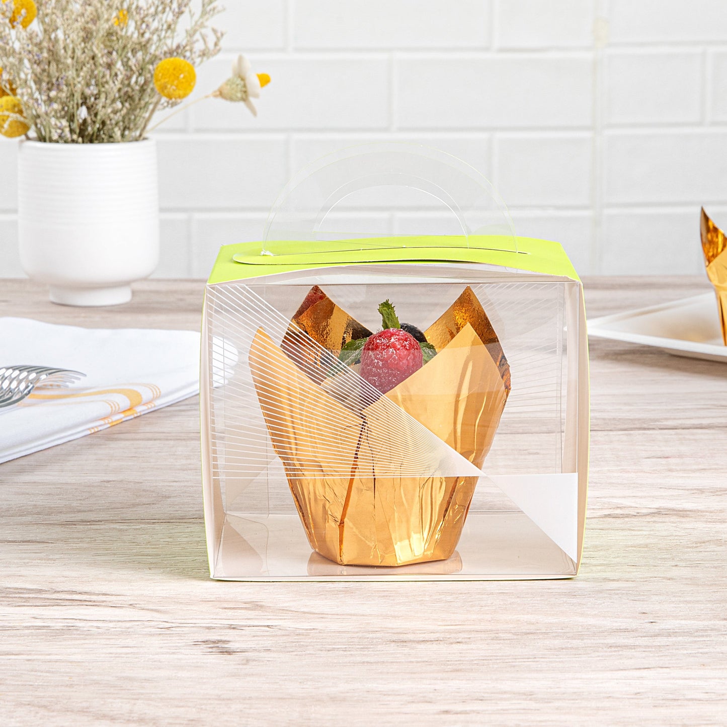 Sweet Vision Rectangle Clear Plastic Cupcake Box - with Handle, Yellow Paper Wrap, Geometric Line Accent - 5" x 3 1/4" x 4" - 100 count box