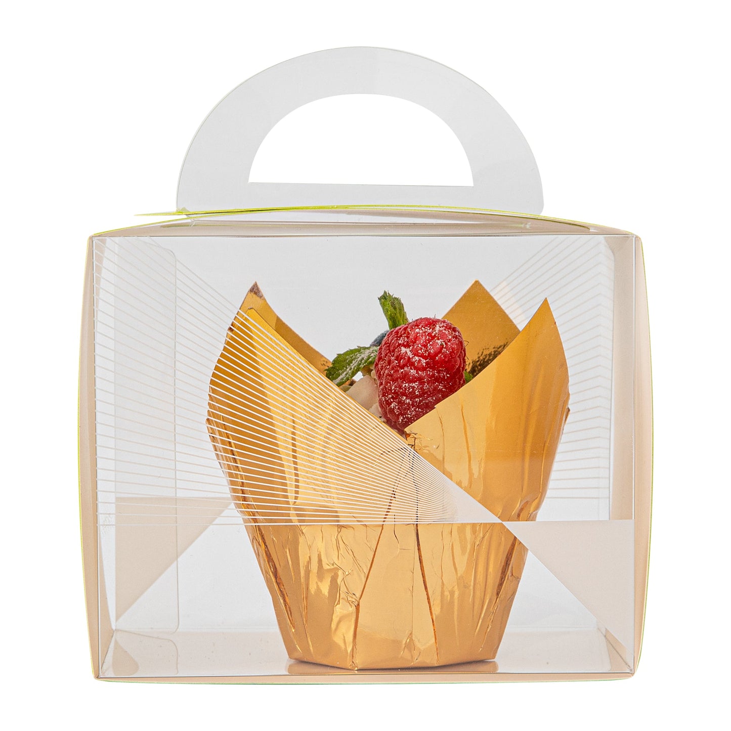Sweet Vision Rectangle Clear Plastic Cupcake Box - with Handle, Yellow Paper Wrap, Geometric Line Accent - 5" x 3 1/4" x 4" - 100 count box