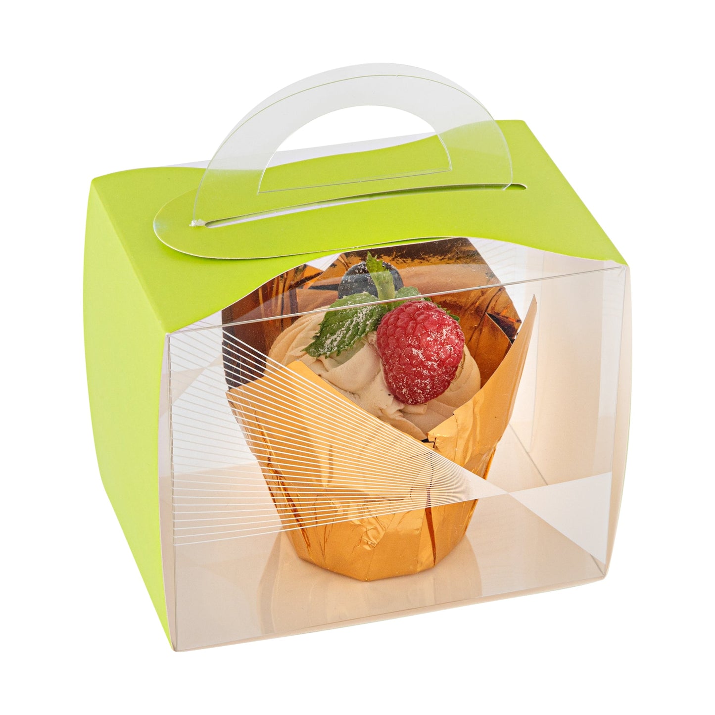 Sweet Vision Rectangle Clear Plastic Cupcake Box - with Handle, Yellow Paper Wrap, Geometric Line Accent - 5" x 3 1/4" x 4" - 100 count box