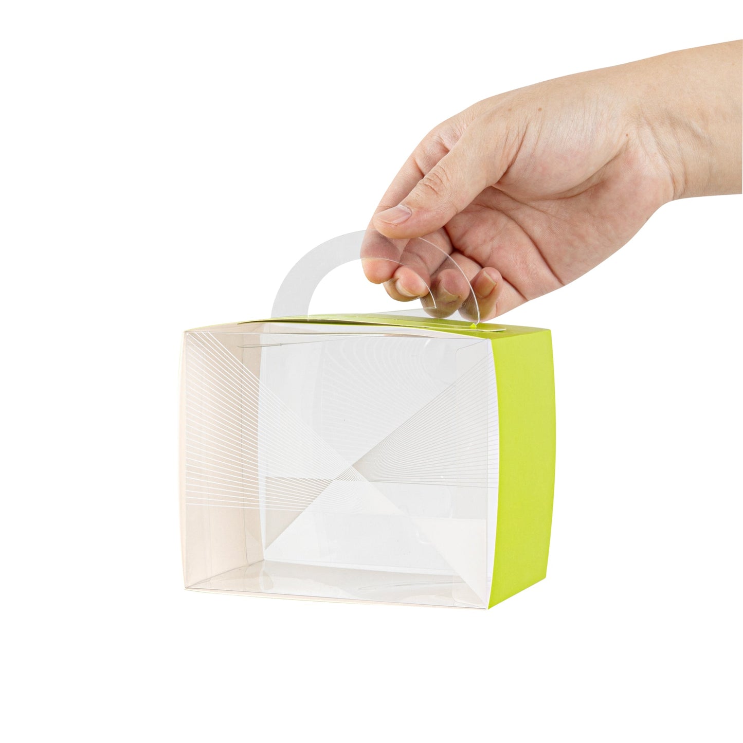 Sweet Vision Rectangle Clear Plastic Cupcake Box - with Handle, Yellow Paper Wrap, Geometric Line Accent - 5" x 3 1/4" x 4" - 100 count box