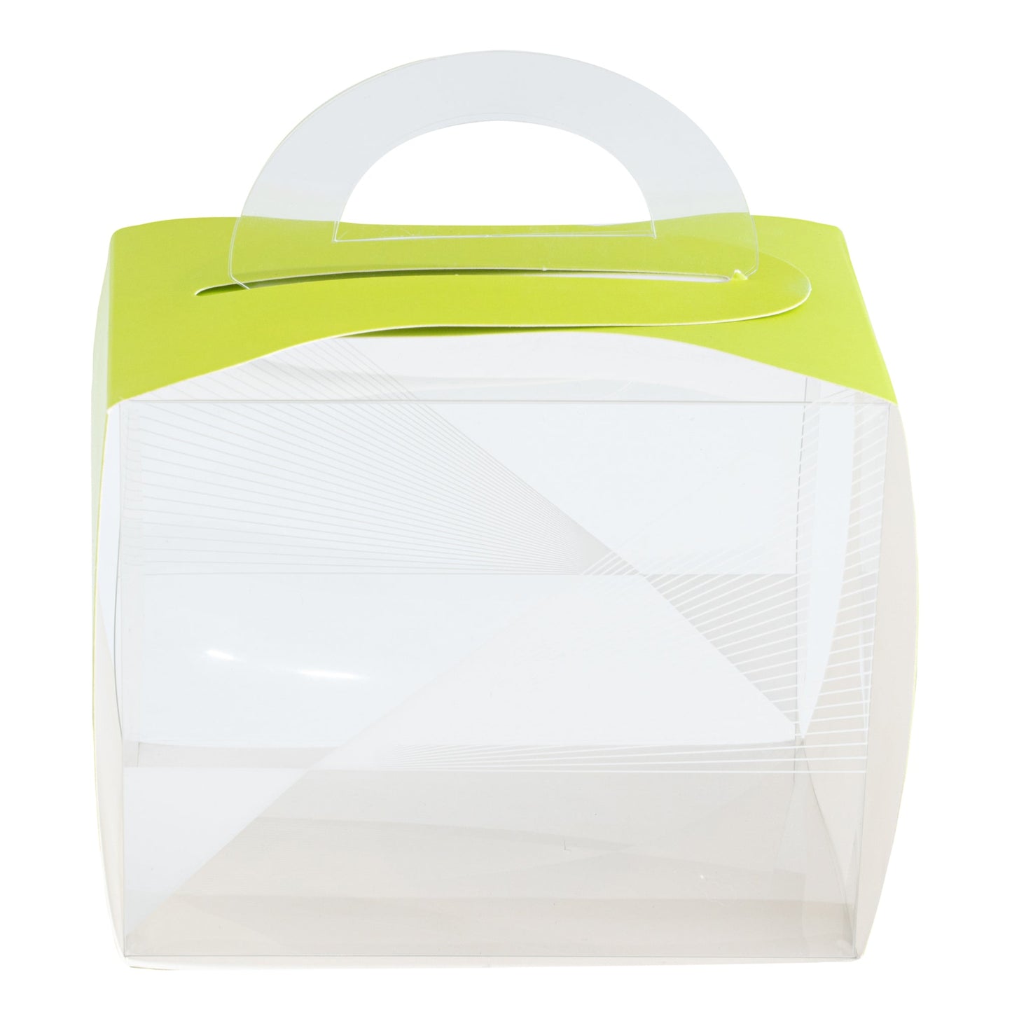 Sweet Vision Rectangle Clear Plastic Cupcake Box - with Handle, Yellow Paper Wrap, Geometric Line Accent - 5" x 3 1/4" x 4" - 100 count box
