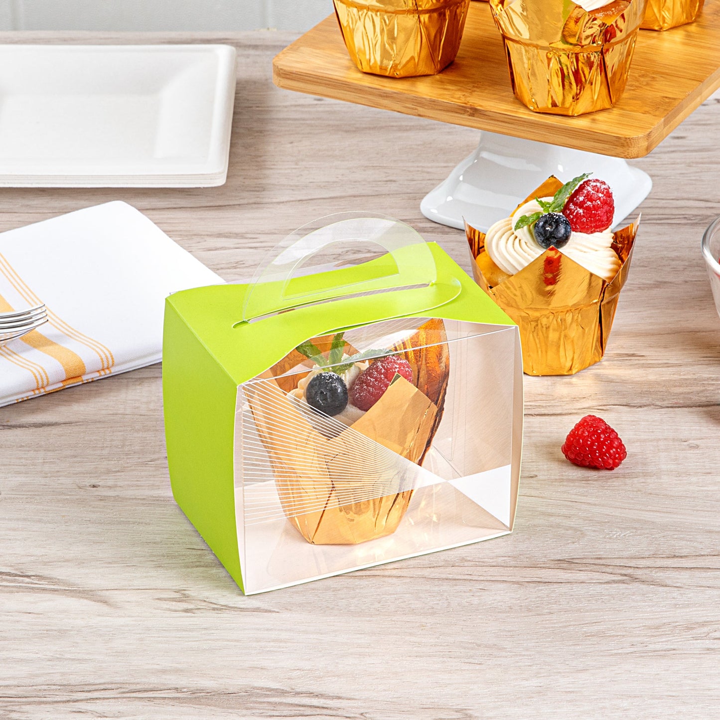 Sweet Vision Rectangle Clear Plastic Cupcake Box - with Handle, Yellow Paper Wrap, Geometric Line Accent - 5" x 3 1/4" x 4" - 100 count box