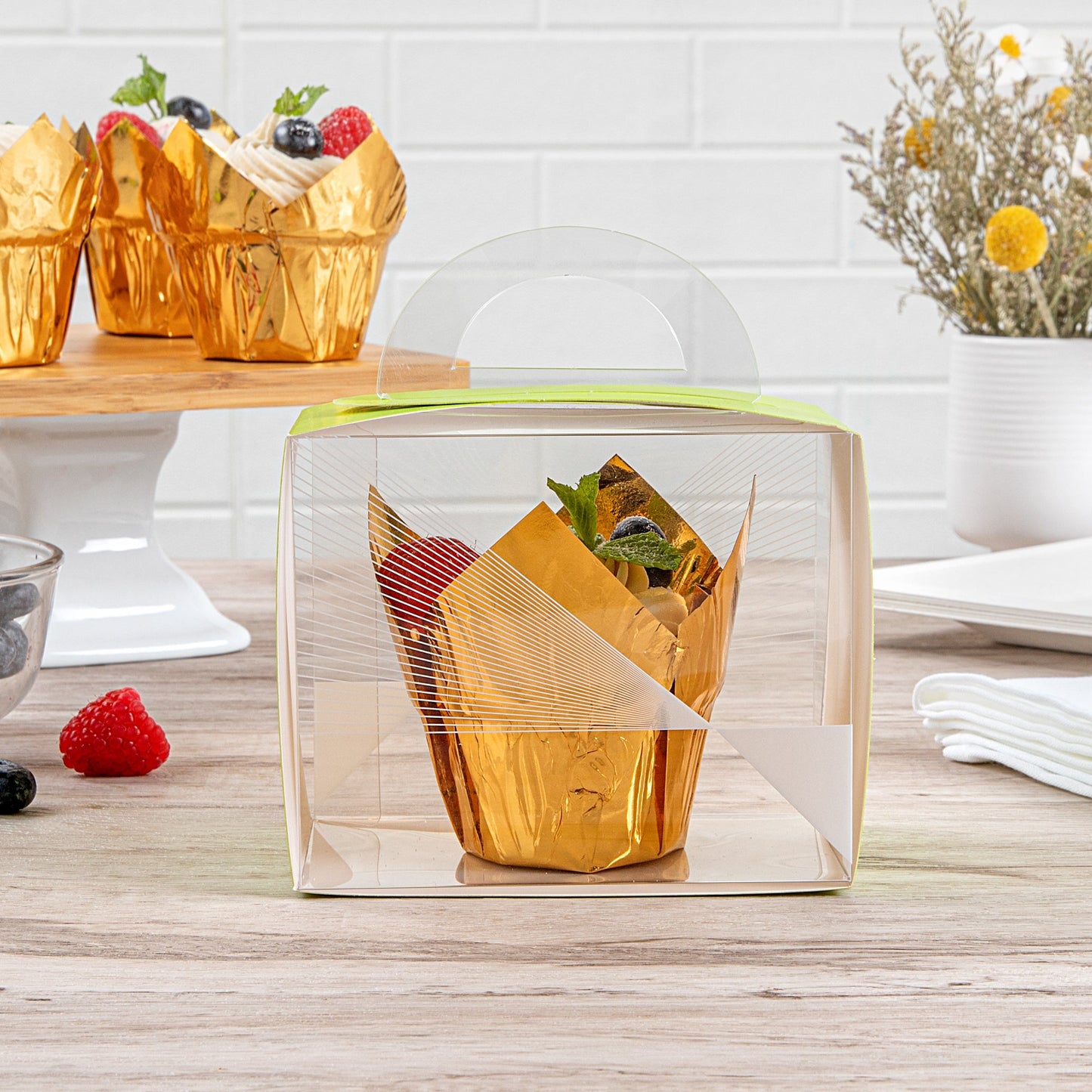 Sweet Vision Rectangle Clear Plastic Cupcake Box - with Handle, Yellow Paper Wrap, Geometric Line Accent - 5" x 3 1/4" x 4" - 100 count box