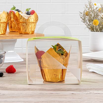 Sweet Vision Rectangle Clear Plastic Cupcake Box - with Handle, Yellow Paper Wrap, Geometric Line Accent - 5" x 3 1/4" x 4" - 100 count box