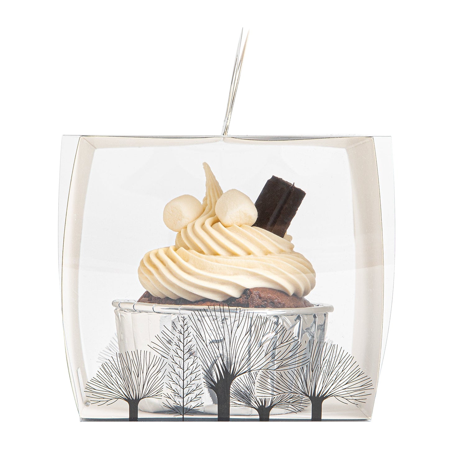 Sweet Vision Square Clear Plastic Cupcake Box - with Handle, Black Paper Wrap, Tree Accent - 4" x 4" x 4 1/4" - 100 count box