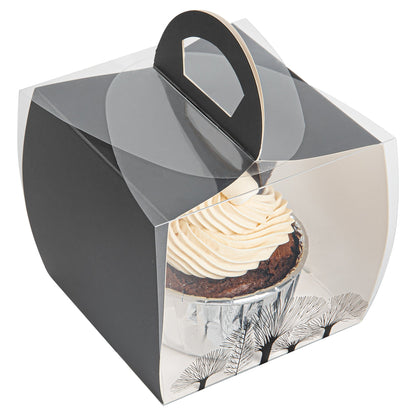 Sweet Vision Square Clear Plastic Cupcake Box - with Handle, Black Paper Wrap, Tree Accent - 4" x 4" x 4 1/4" - 100 count box