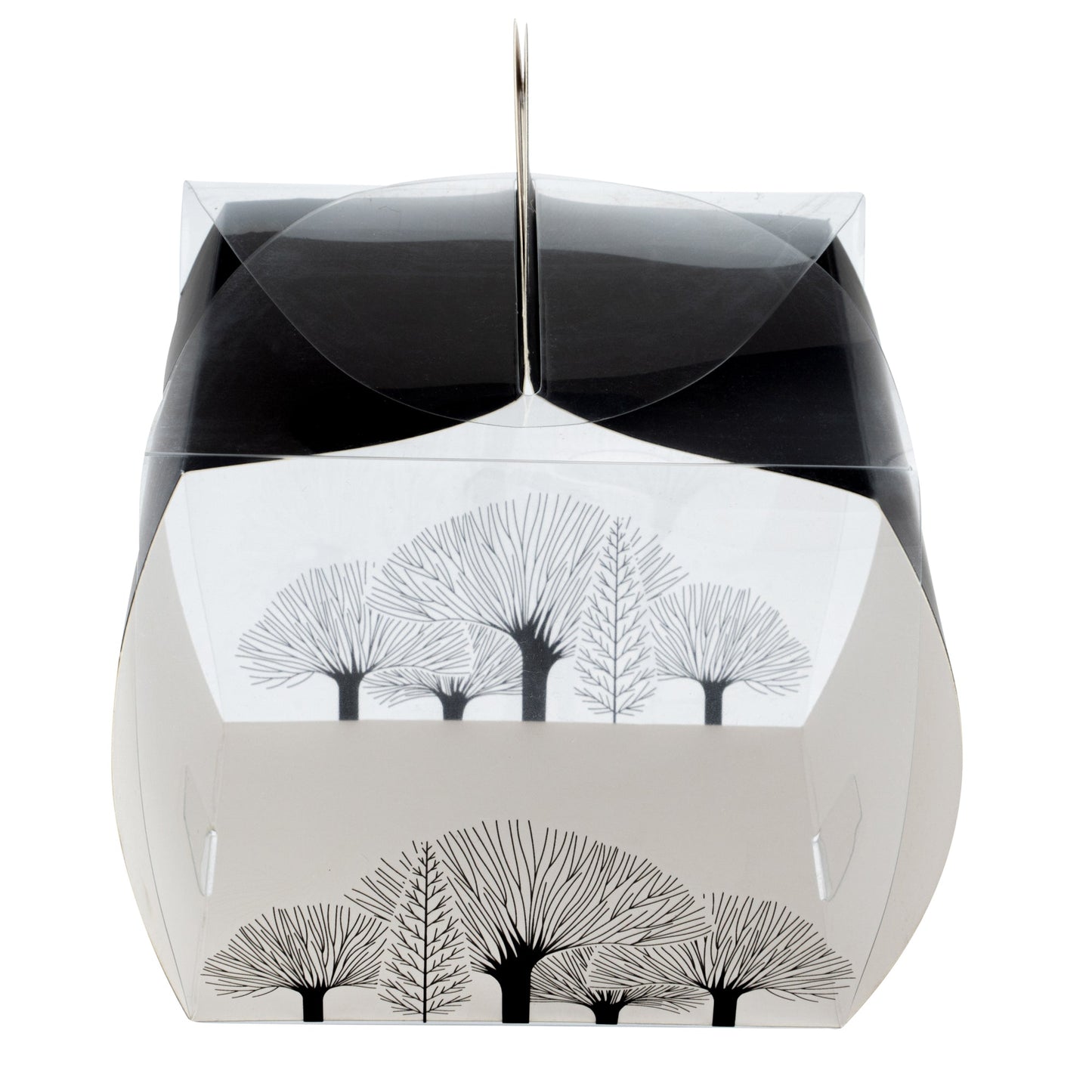 Sweet Vision Square Clear Plastic Cupcake Box - with Handle, Black Paper Wrap, Tree Accent - 4" x 4" x 4 1/4" - 100 count box