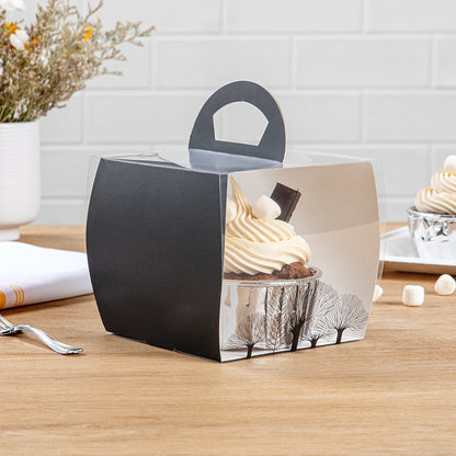 Sweet Vision Square Clear Plastic Cupcake Box - with Handle, Black Paper Wrap, Tree Accent - 4" x 4" x 4 1/4" - 100 count box