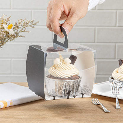 Sweet Vision Square Clear Plastic Cupcake Box - with Handle, Black Paper Wrap, Tree Accent - 4" x 4" x 4 1/4" - 100 count box