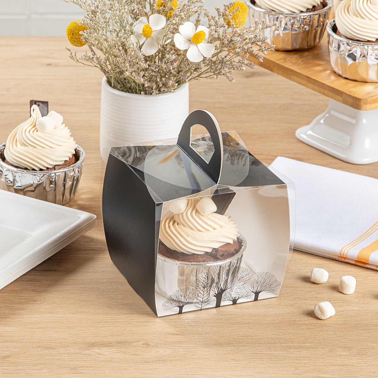 Sweet Vision Square Clear Plastic Cupcake Box - with Handle, Black Paper Wrap, Tree Accent - 4" x 4" x 4 1/4" - 100 count box