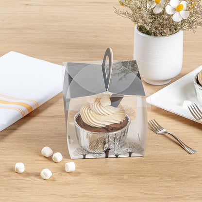 Sweet Vision Square Clear Plastic Cupcake Box - with Handle, Black Paper Wrap, Tree Accent - 4" x 4" x 4 1/4" - 100 count box