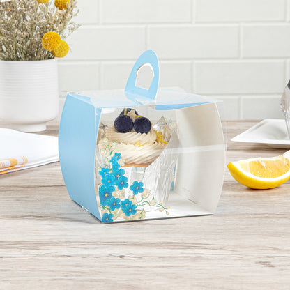 Sweet Vision Square Clear Plastic Cupcake Box - with Handle, Blue Paper Wrap, Flower Accent - 4" x 4" x 4 1/4" - 100 count box