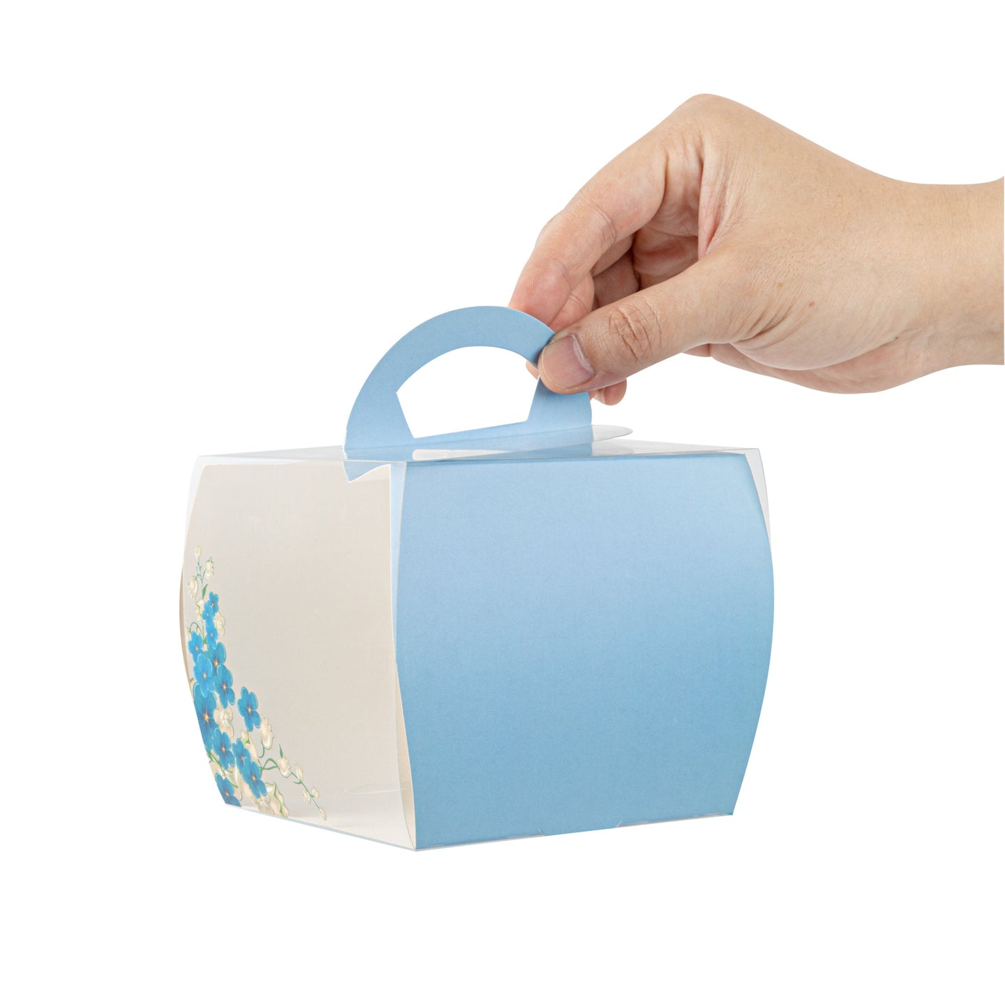Sweet Vision Square Clear Plastic Cupcake Box - with Handle, Blue Paper Wrap, Flower Accent - 4" x 4" x 4 1/4" - 100 count box