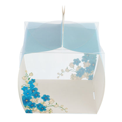Sweet Vision Square Clear Plastic Cupcake Box - with Handle, Blue Paper Wrap, Flower Accent - 4" x 4" x 4 1/4" - 100 count box