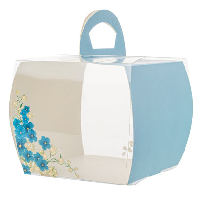 Sweet Vision Square Clear Plastic Cupcake Box - with Handle, Blue Paper Wrap, Flower Accent - 4" x 4" x 4 1/4" - 100 count box