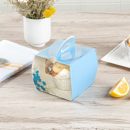 Sweet Vision Square Clear Plastic Cupcake Box - with Handle, Blue Paper Wrap, Flower Accent - 4" x 4" x 4 1/4" - 100 count box