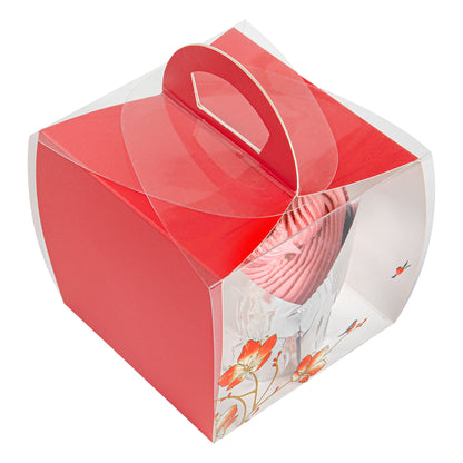 Sweet Vision Square Clear Plastic Cupcake Box - with Handle, Red Paper Wrap, Flower / Bird Accent - 4" x 4" x 4 1/4" - 100 count box