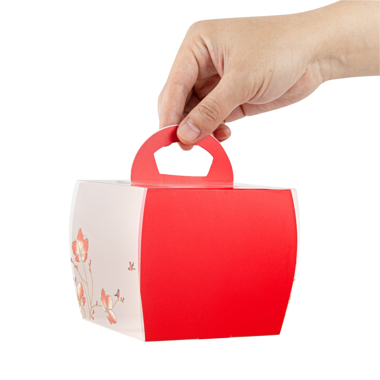 Sweet Vision Square Clear Plastic Cupcake Box - with Handle, Red Paper Wrap, Flower / Bird Accent - 4" x 4" x 4 1/4" - 100 count box