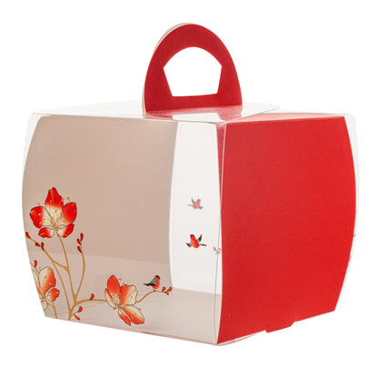 Sweet Vision Square Clear Plastic Cupcake Box - with Handle, Red Paper Wrap, Flower / Bird Accent - 4" x 4" x 4 1/4" - 100 count box