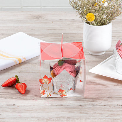 Sweet Vision Square Clear Plastic Cupcake Box - with Handle, Red Paper Wrap, Flower / Bird Accent - 4" x 4" x 4 1/4" - 100 count box