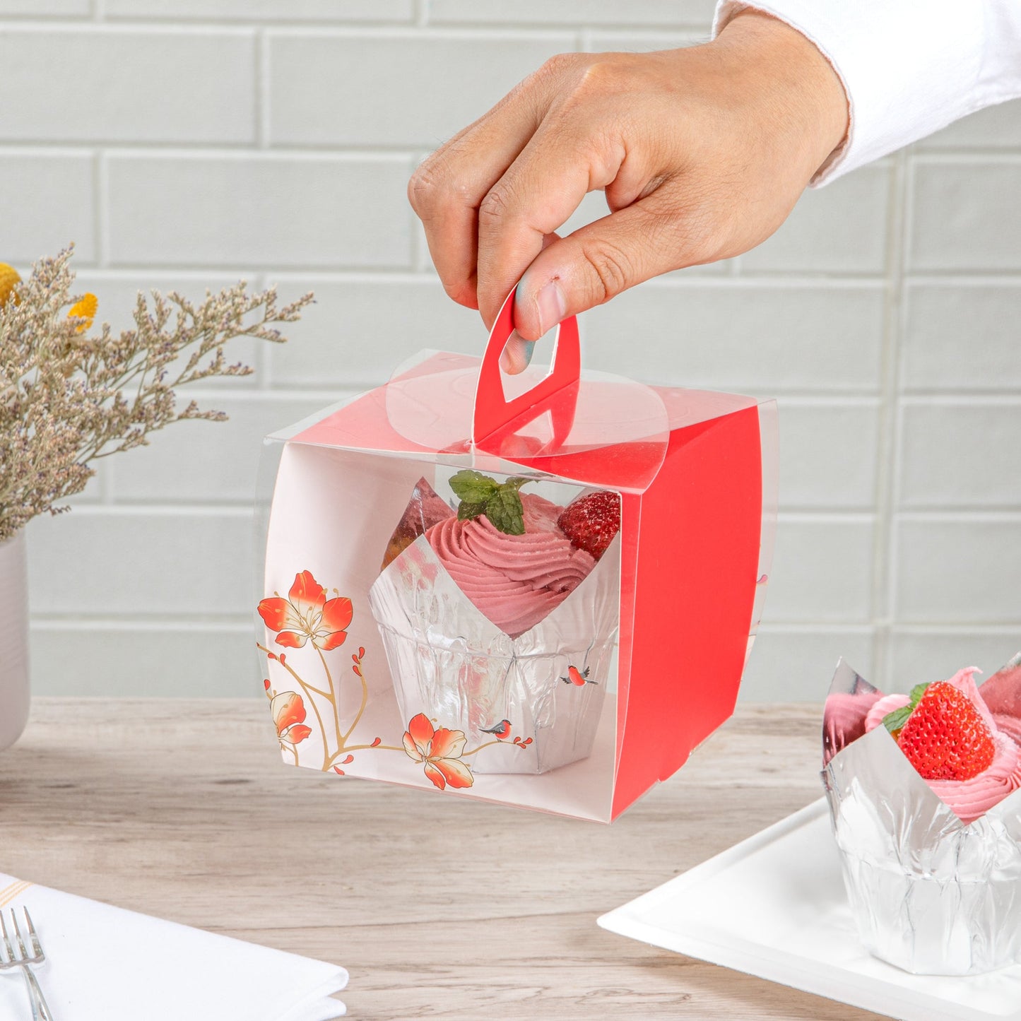 Sweet Vision Square Clear Plastic Cupcake Box - with Handle, Red Paper Wrap, Flower / Bird Accent - 4" x 4" x 4 1/4" - 100 count box