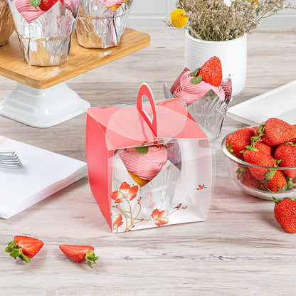 Sweet Vision Square Clear Plastic Cupcake Box - with Handle, Red Paper Wrap, Flower / Bird Accent - 4" x 4" x 4 1/4" - 100 count box